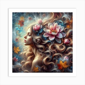 Beautiful Woman With Flowers In Her Hair 1 Art Print