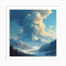 Titan Destroying Mountains Under A Watercolor Storm 1 Art Print