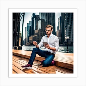 Young Man Using A Tablet Art Print