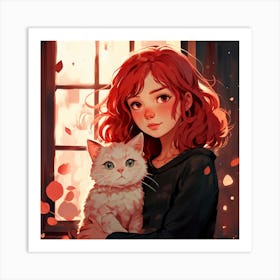 Anime Girl With Cat Art Print