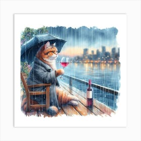 Cat Drinking Wine In The Rain 9 Art Print