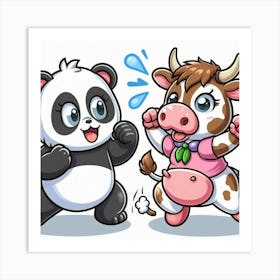 Cartoon Panda And Cow Art Print