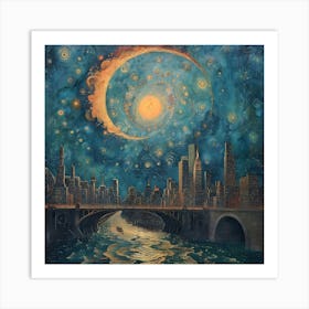Starry Night Over Chicago, Tiny Dots, Pointillism Art Print