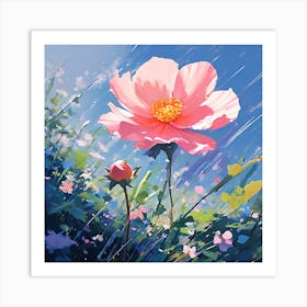 Pink Flower In The Rain Art Print