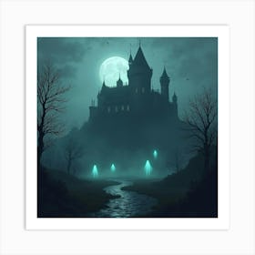 A Haunted Castle Shrouded In Mist With Glowing, Ghostly Apparitions Art Print