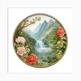 Waterfall With Roses 2 Art Print