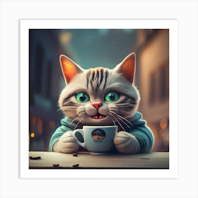 A Cute Cat With A Hot Cup Of Coffee In His Hands Art Print