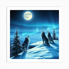 Wolves Howling At The Moon In A Snowy Forest 1 Art Print