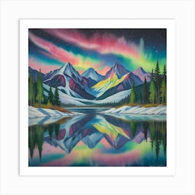 Aurora Over Snow Capped Peaks A Tranquil Mountain Reflection (3) Art Print