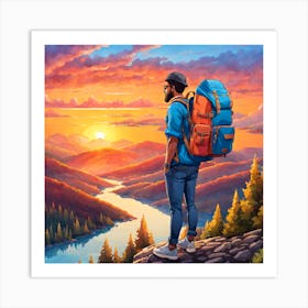 Hiker Looking At The Sunset Art Print