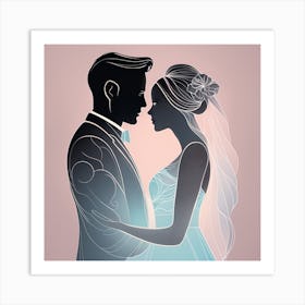 Silhouette Of Bride And Groom Art Print