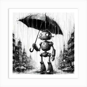 Robot In The Rain Art Print