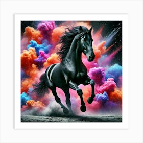 Black Horse With Colorful Smoke Poster