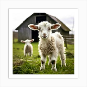 Baby Lamb Standing In Front Of Barn 1 Art Print