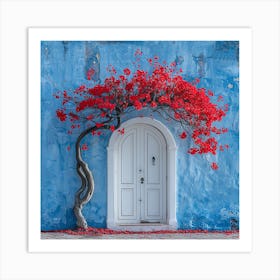 Red Tree In Front Of Blue House Art Print