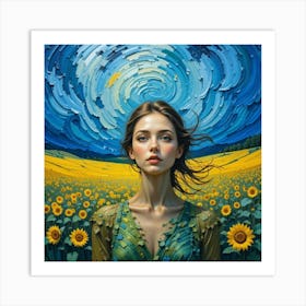 A front view of a woman, she emerges amid swirling skies and textured fields Art Print