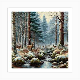 Deer In The Snow Woods, Acrylic Painting Style Art Print