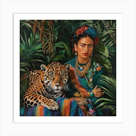 Frida Kahlo and the Jaguar. Animal Conservation Series. Art Print