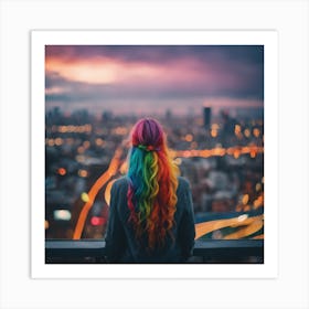 Rainbow Haired Girl overlooking the city Art Print