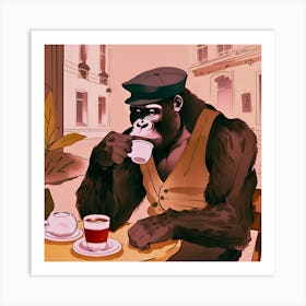 Gorilla Sipping Coffee - French Bistro - World Traveler Art Print