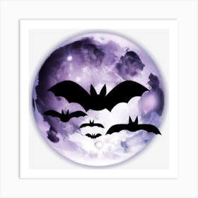 Silhouette Of Bats Against Moon Happy Halloween Art Print