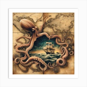 Octopus Tentacles On A Map 2 Art Print