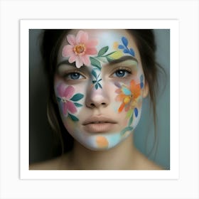 Beautiful Girl With Flowers On Her Face Art Print