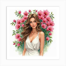 A Watercolor Painting Of A Lovely Greek Woman With A Backdrop Of Blooming Bougainvillea 1 Art Print