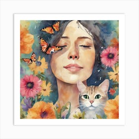 CAT AND WOMAN ART PRINT Art Print