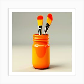 Makeup Must-Have: Close-Up of Beauty Jar, Brush & Colors , Orange Paint Brushes In A Jar Art Print