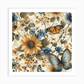 Victorian Era Butterflies And Flowers Art Print