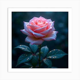 An Ethereal Rose With Petals Of Cascading, Bioluminescent Light Blooming In A Surreal Garden Art Print