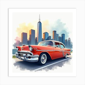 Classic Automobile Against A Vibrant City Skyline, Watercolor Painting 1 Art Print