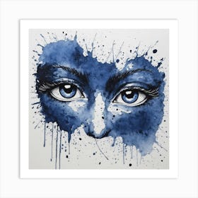 Blue Eyes, woman face, ink, watercolour Art Print