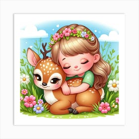 Little Girl Hugging A Deer Art Print