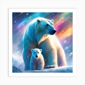 Polar Bear Mother and Cub lit by a Magical Sky Art Print