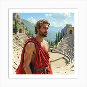 A Stunning Greek Man In Watercolor, Surrounded By The Picturesque Beauty Of An Ancient Amphitheater 1 Art Print