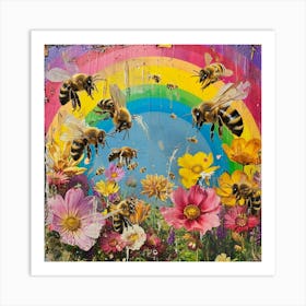 Rainbow Floral Bee Collage 2 Art Print