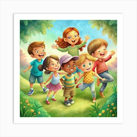 Happy Diverse Children Playing In A Sunny Park Art Print