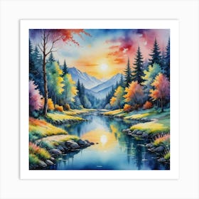 Glowstream: A Radiant Mountain Sanctuary Sunset By The River Art Print