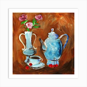 Teatime - square brown orange white teat coffee Anton Maliar kitchen Art Print