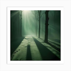 Dark Forest With Sunlight Rays And Snow, Mysterious Mood Art Print