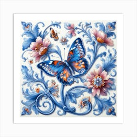 Antique Delft Tile Butterfly II Art Print