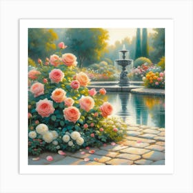 Roses In The Garden With The Fountain, Acrylic Style Painting 1 Art Print