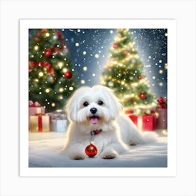 Fluffy Maltese and Christmas Trees Art Print