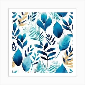 Blue Watercolor Leaves Art Print