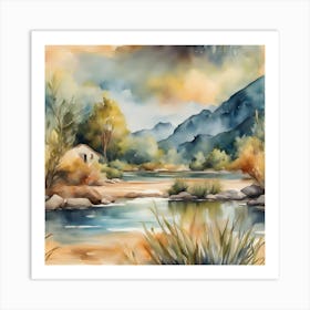 Watercolor Of A House In The Mountains Art Print