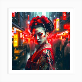 Geisha in the rain. Art Print