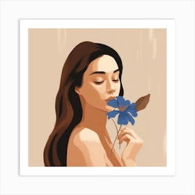 Girl Smelling Blue Flower Art Print