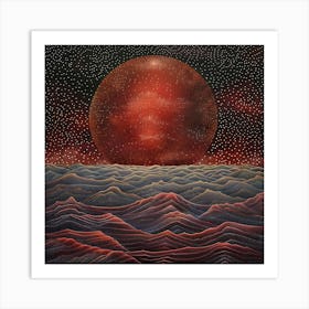 Red Moon, Tiny Dots, Pointillism Art Print